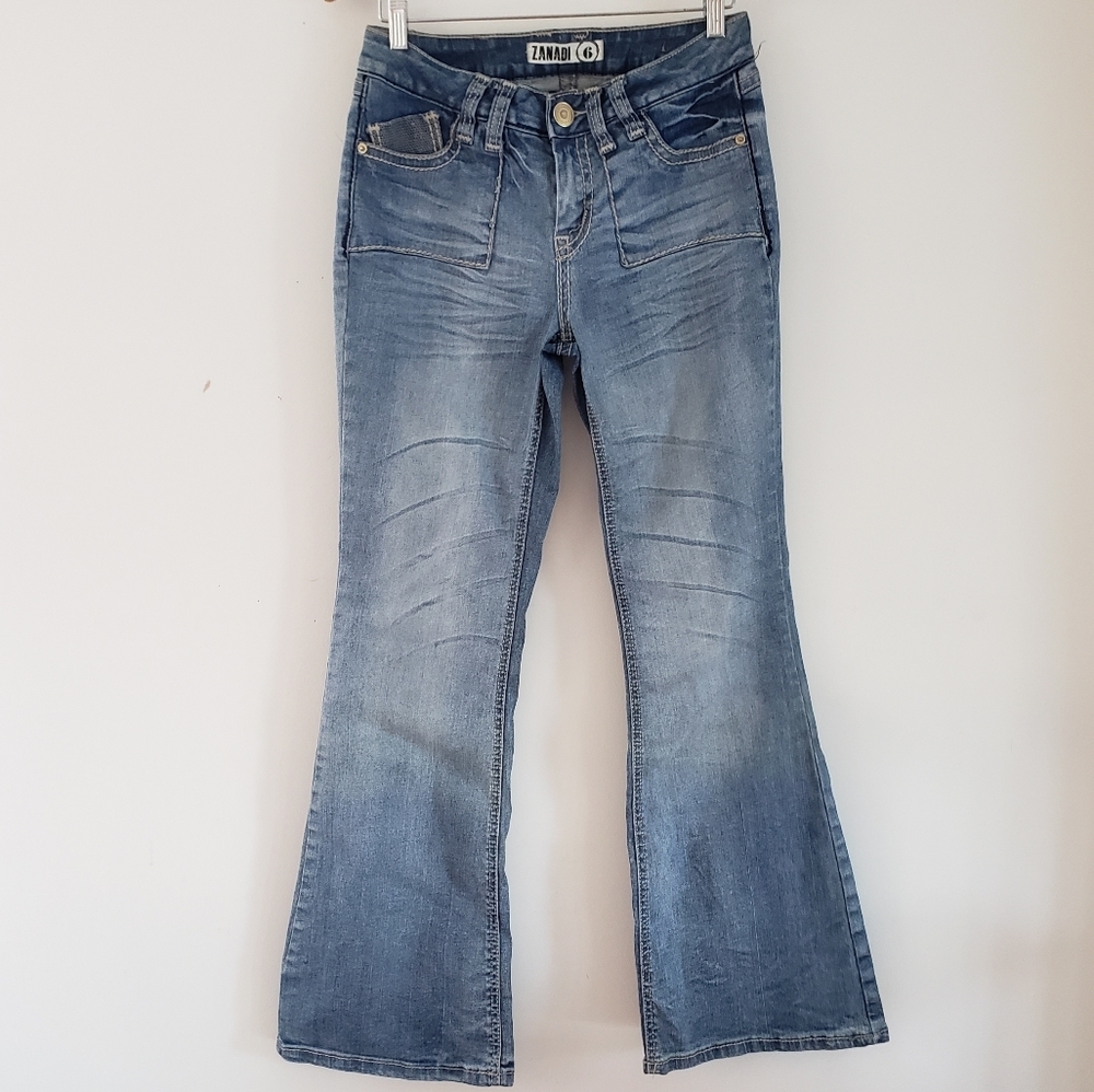 Zanadi Y2K Womens Flare Bell Bottom Embellished Mid-Rise Denim Jeans, Size 6